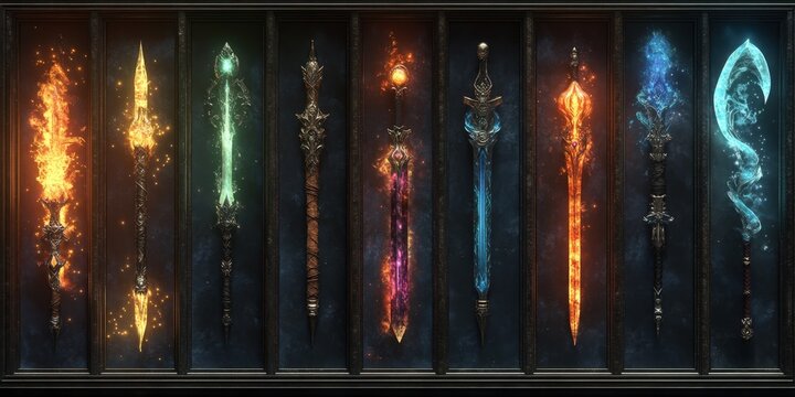 Collection of Fantasy Swords with Elemental Magic Effects - Fire, Ice, Lightning, and Plasma