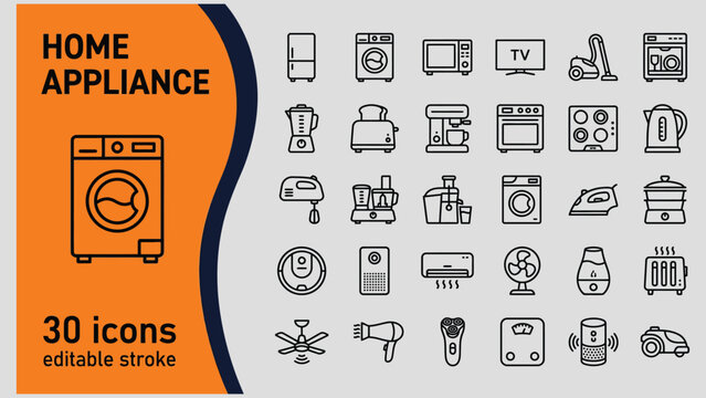 Collection of line art icons representing various home appliances for modern living and household tasks