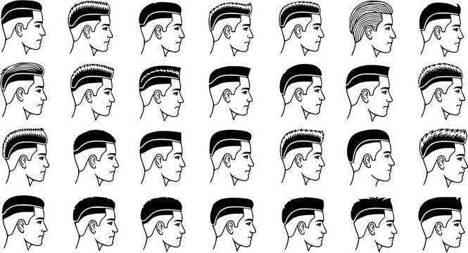 Black and White Line Art Illustrations of Diverse Men's Hairstyles - Vector Graphic