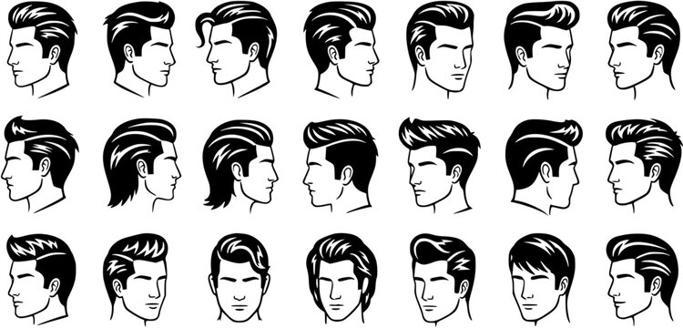 Black and White Line Art Vector of Men's Hairstyles - Diverse Styles for Grooming and Fashion