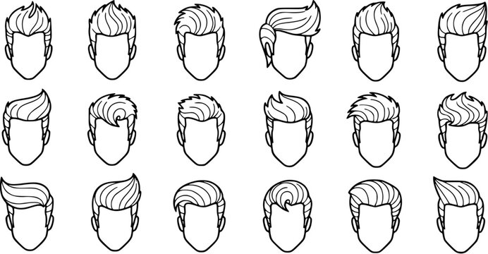Diverse Men's Hairstyles Black and White Line Art Vector Icon Set for Fashion, Beauty, Grooming, and Barbershop Industry Concepts