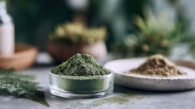 Small glass container filled with bright green powder on a natural surface, with additional spilled powder and blurred background of plants and herbs