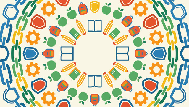 A vibrant, symmetrical pattern composed of educational and protective icons like books, pencils, apples, shields, and gears, arranged in a circular, mandala-like design.