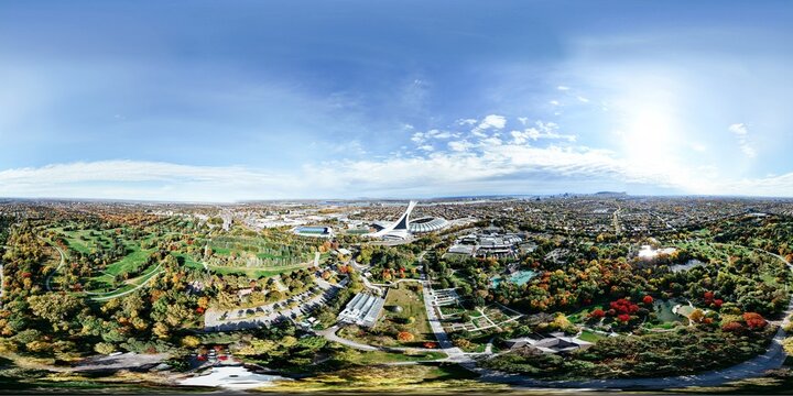 360 degree panorama: Aerial view of Olympic stadium and Botanic garden. Montreal, Quebec, Canada