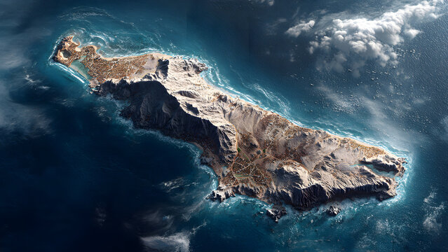 Aruba map, rugged island emerging from the deep blue ocean under a dramatic cloudy sky, showcasing untouched natural beauty and vast open waters