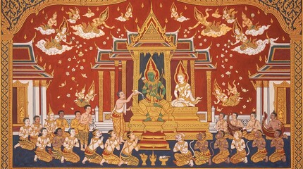 Fototapeta premium A vibrant mural illustrating a traditional scene of seated figures in a spiritual sanctuary, radiating serenity and reverence. The artwork conveys a sense of unity and spiritual contemplation.