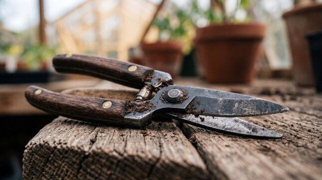 A close-up shot of well-worn gardening shears resting on a weathered wooden surface, evoking the tactile feel of hard work.