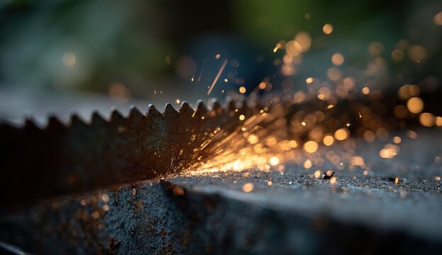 Sparks flying from a metal sheet during cutting or grinding process showing bright orange and yellow sparks in motion