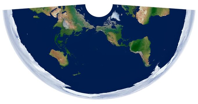 World Map. Conic equidistant projection animation with longitude rotation. High-detail physical map of Earth. Dynamic visualization of global geography.