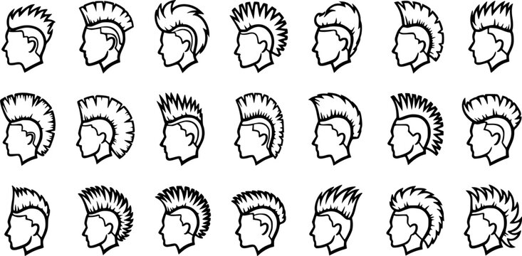 Black and White Line Art Vector Icons of Punk Rock and Mohawk Hairstyles. Collection of Diverse Subculture Haircuts for Fashion, Music, and Youth Culture.