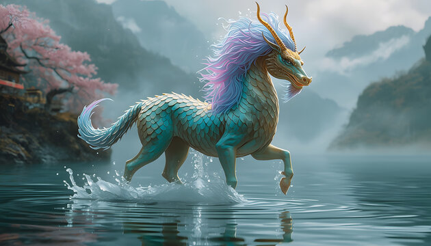 Majestic Chinese Qilin Mythical Creature Walking on Water Surface