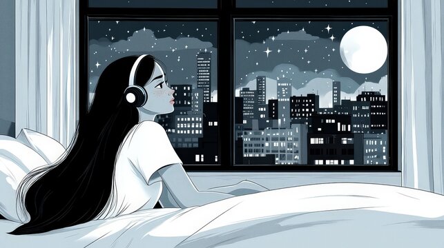 Young woman listening to music with headphones in bed, looking out at a nighttime cityscape with moon