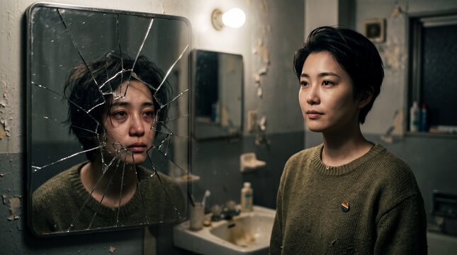 A woman gazes at her reflection in a broken mirror, a poignant juxtaposition of inner turmoil and outward composure, conveying a story of emotional fragmentation.