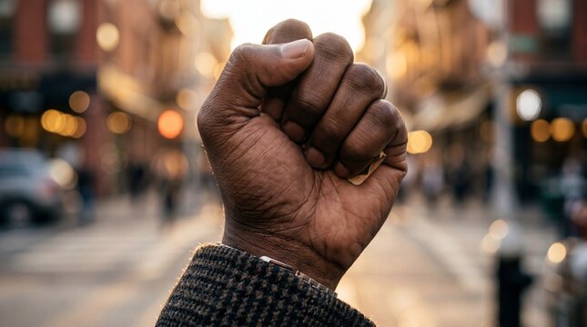 A clenched fist raised high against a blurred urban backdrop, symbolizing strength and solidarity, with a strong emphasis on empowerment and social progress.