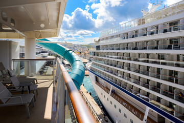Two large cruise ships docked close together at the Kusadasi Cruise Port, Port Ege, the primary gateway to ancient Ephesus, in Kusadasi, Turkey. © Kirk Fisher