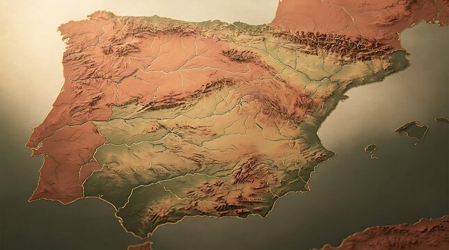Iberian Peninsula topographical map with golden borders