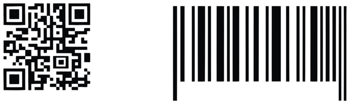 QR code and barcode icon vector illustration showing scannable QR pattern, linear barcode design, product tag concept, price label, SKU identification, and digital data encoding symbols