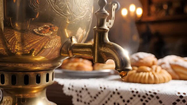 Traditional Russian Samovar with Sweet Pastries on Lace Tablecloth.