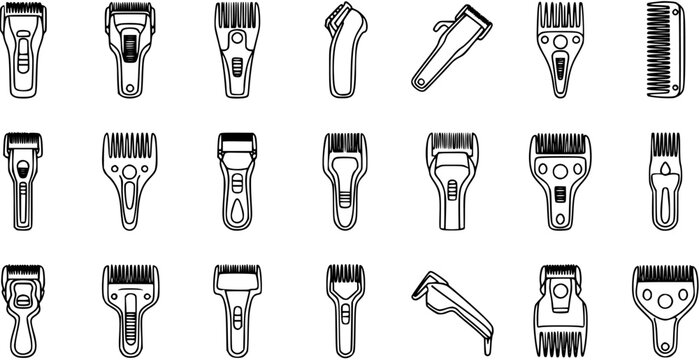 Barber Shop Hair Cutting Tools Line Art Icons Set. Electric Clippers, Trimmers, and Combs Outline Vector Collection for Hairdressing and Grooming Salons.