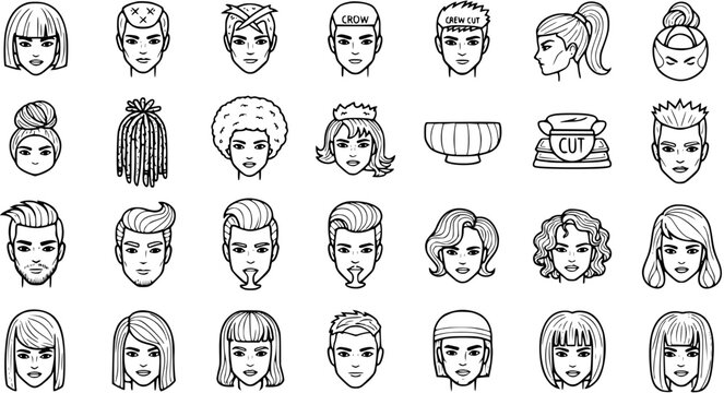 Black  White Line Art Icons: Diverse Haircut and Hairstyling Heads for Beauty Salon, Barbershop, and Fashion Industry. Male  Female Hairdos.