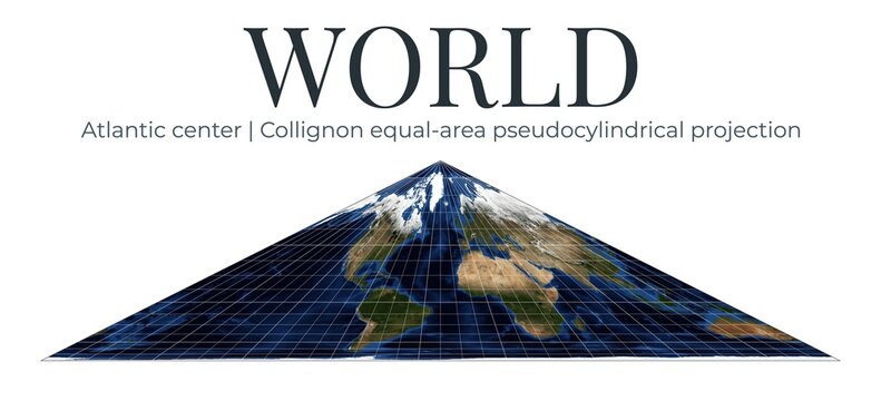 World map in Collignon equal-area pseudocylindrical projection. Atlantic-centered view with detailed physical features. High-resolution global mapping. April View.