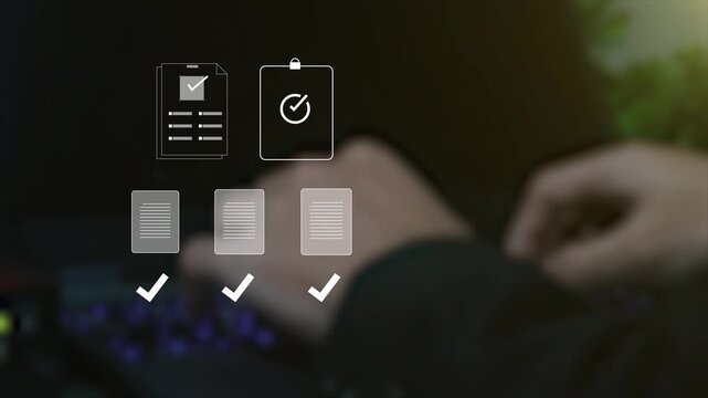 Checklist and document management system concept with digital quality control. Man using laptop to verify online forms, audits, and workflow approval with futuristic interface icons.