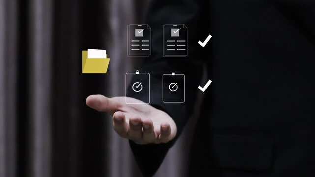 Document management concept, check electronic documents on digital documents on virtual screen Document Management System and process automation to efficiently document paperless operate.