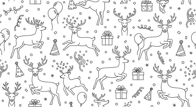 Seamless pattern with cute doodle deer for Christmas and birthday celebrations.