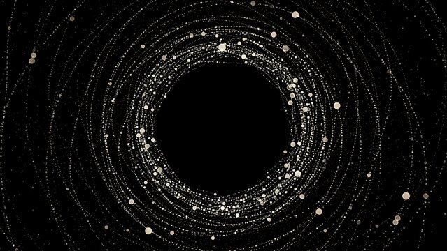 A mesmerizing display of white particles and dots forming concentric circles on a dark background with a central void