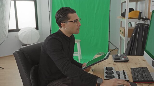Man holding tablet and tapping screen with fingers in studio while seated at desk with monitor and editing console; concentration creativity.