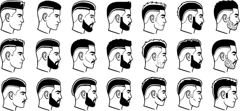Black and White Line Art Collection of Men's Hairstyles and Beard Styles