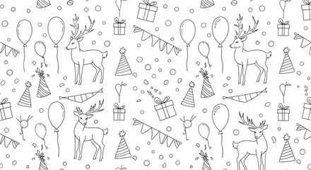 Seamless pattern with hand drawn reindeer balloons and festive gifts. © Adilah_Fathir