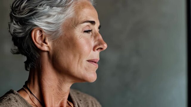 Middle aged woman practices calming breathing exercises in serene indoor setting to promote mindfulness and relaxation