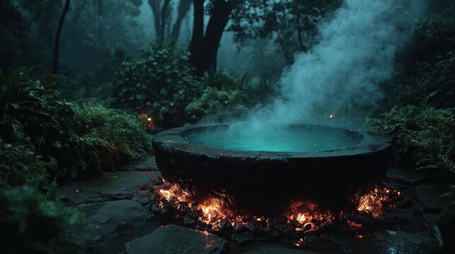 Mystical cauldron bubbling with magical potion in a foggy forest