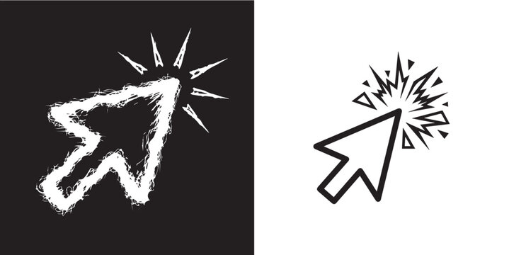 Mouse cursor arrow icons with click effect in sketchy and clean vector styles isolated on white background