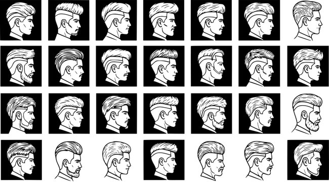 Men's Hairstyles  Haircuts Collection: Modern Fades, Undercuts, and Beard Styles in Black  White Line Art Vector for Grooming  Barber Shop Fashion