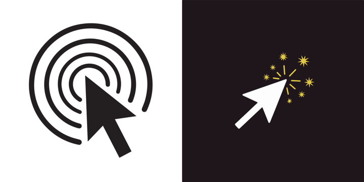 Mouse cursor icon set with clicking ripple effect isolated on white background and magic sparkle arrow vector illustration