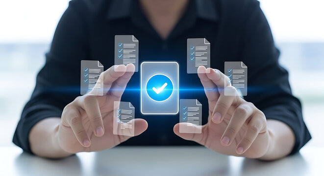 Hand Gesturing Towards Digital Documents with Checkmarks, Representing Approval and Task Completion in a Modern Office Environment