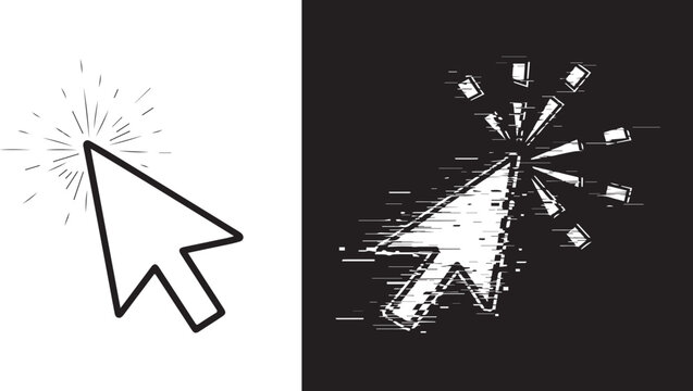 Mouse cursor arrow icons with click effect in clean line art and glitch distortion styles vector illustration isolated on white background