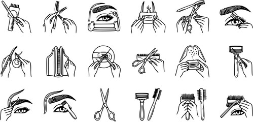 Obraz premium Black and White Line Art Icons Set for Beauty Salon and Grooming. Hand-drawn Glyphs Depicting Hairdressing, Eyebrow Shaping, and Facial Care Tools.