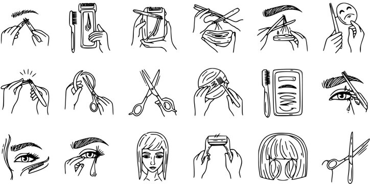 Beauty and Grooming Line Art Icons Set. Hand-drawn Black and White Doodle Pictograms for Eyebrow, Eyelash, Hair Care, and Cosmetic Procedures and Tools.