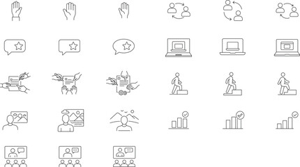 Fototapeta premium Business and Technology Vector Icon Set: 27 Minimalist Black Line Icons for Collaboration, Networking, Remote Work, and Growth. Features Editable Stroke, Customizable Line Weight, and Outline Style.