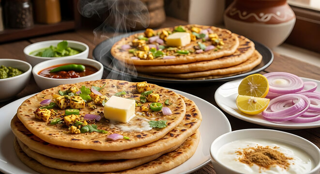Delicious Indian paratha flatbreads are served with yogurt, chutney, and fresh lemon wedges.