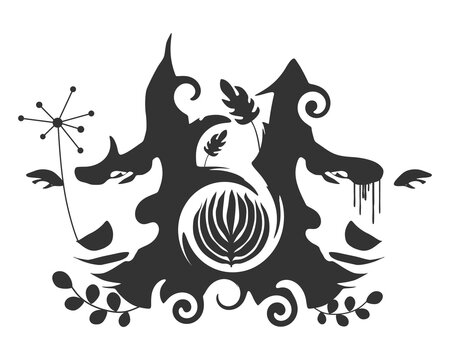 Two young women face front view. Melted with spiral and decorated by curls. Elegant silhouette of a female heads. Split personality disorder.