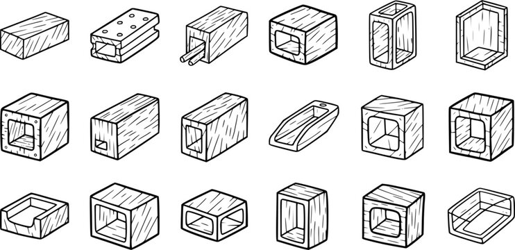Black and White Line Art Construction Blocks Set Vector Stock Illustration
