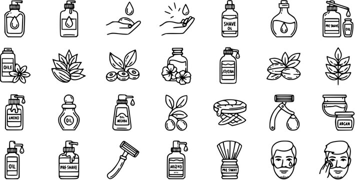 Men's Grooming, Shaving  Natural Oils Line Art Icons. Collection of beard care, skincare, and personal hygiene outline glyphs.