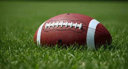 Fototapeta premium American football resting on vibrant green grass a symbol of autumn sports and competitive spirit