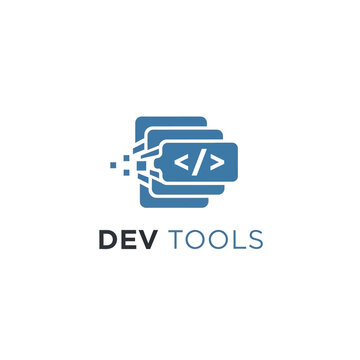 Dynamic blue code bracket logo with pixelated motion for developer tools software.