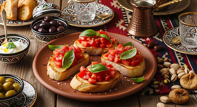 Rustic bruschetta topped with fresh tomatoes and basil sits on a platter surrounded by Mediterranean delicacies.