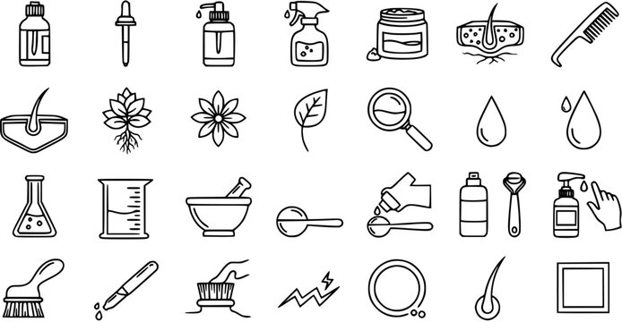 Beauty and Skincare Cosmetics Outline Icons Set. Dermatology and Natural Ingredients Line Art for Hair Care, Formulation, and Product Packaging.